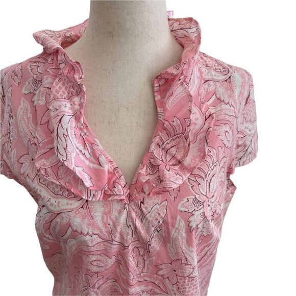 Talbots Pink Floral Damask Ruffle V Neck Cap Sleeve Cotton Blouse Small - Picture 1 of 7